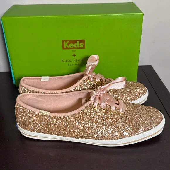 Kate Spade Rose Gold Glitter Sneaker Sparkle Sequin Wedding Sz 7 NEW - Picture 7 of 10